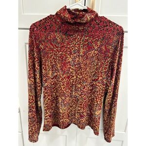 CARLISLE Women's XL Long Sleeve Turtleneck Top Red Gold Animal Print